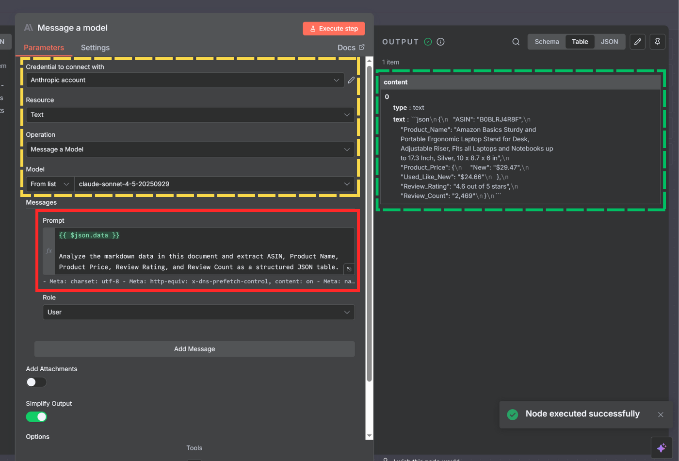 Configuring Anthropic Claude AI node with data extraction prompt