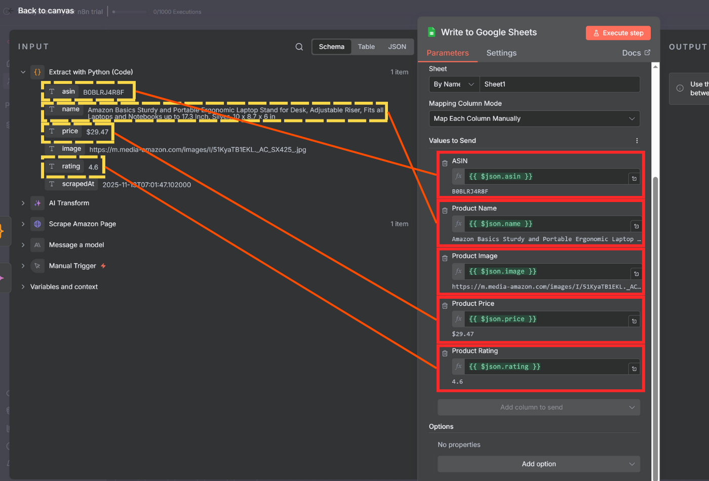 Mapping extracted data fields to Google Sheets columns