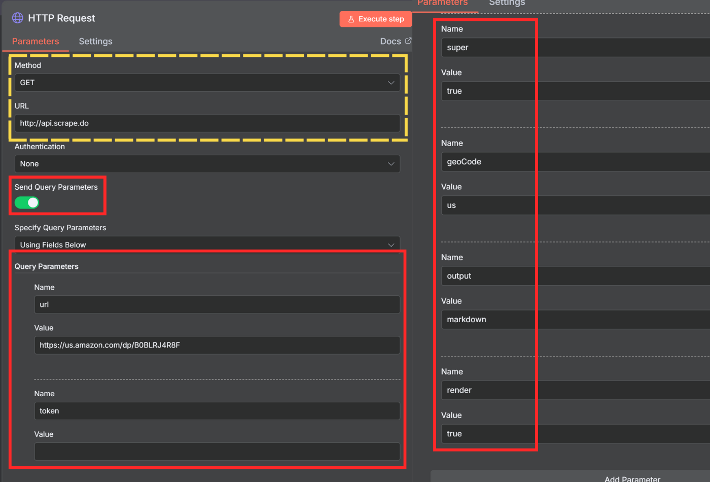 Configuring Scrape.do API query parameters in HTTP Request node