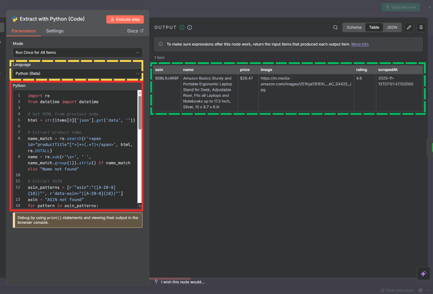 Python code node for extracting product data from HTML