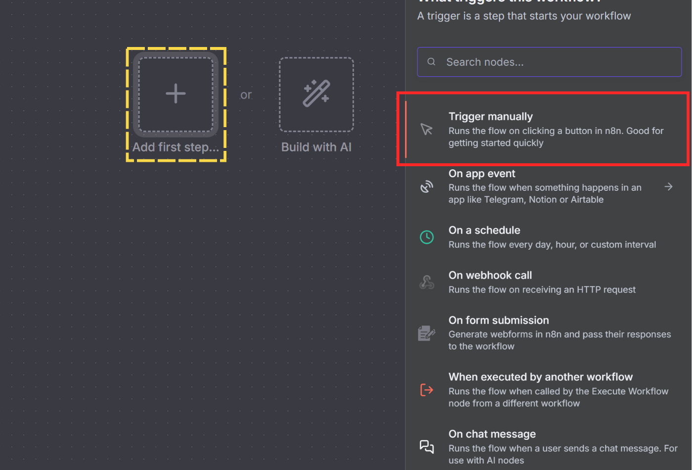 Adding a Manual Trigger node in n8n workflow editor