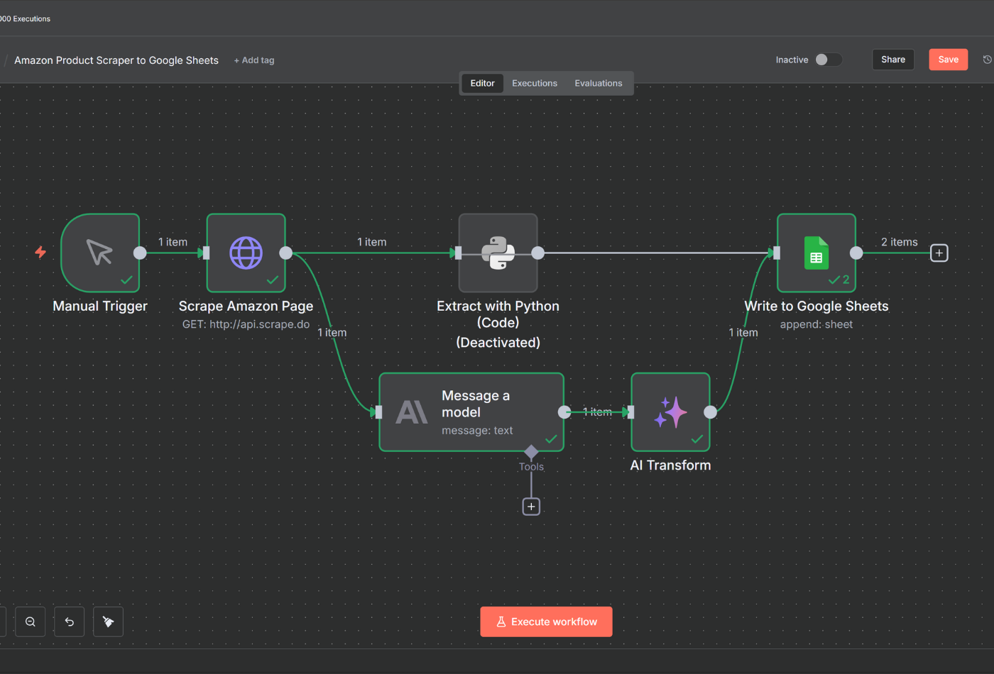 Complete n8n workflow showing all nodes connected from trigger to Google Sheets