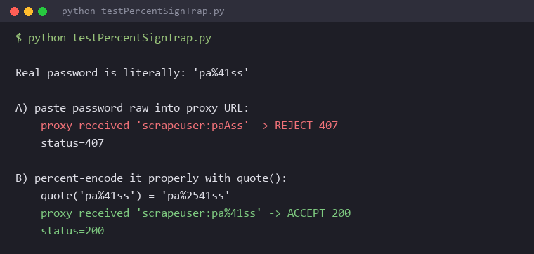 Terminal output showing a literal percent sign in a password being decoded to a different credential and rejected with 407