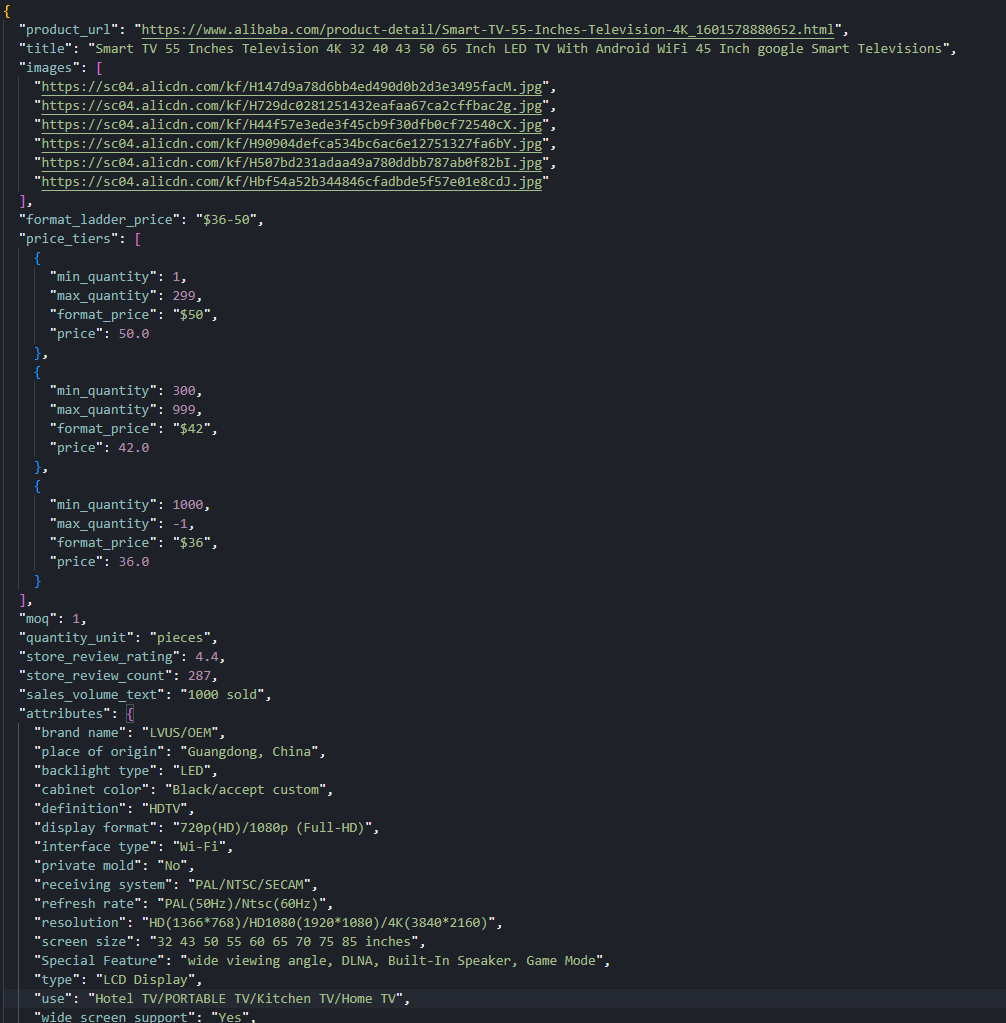 Alibaba product scraping JSON output showing price tiers gallery URLs and dynamic attributes