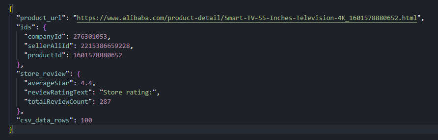 Alibaba scraper reviews context JSON showing companyId sellerAliId and storeReview snapshot