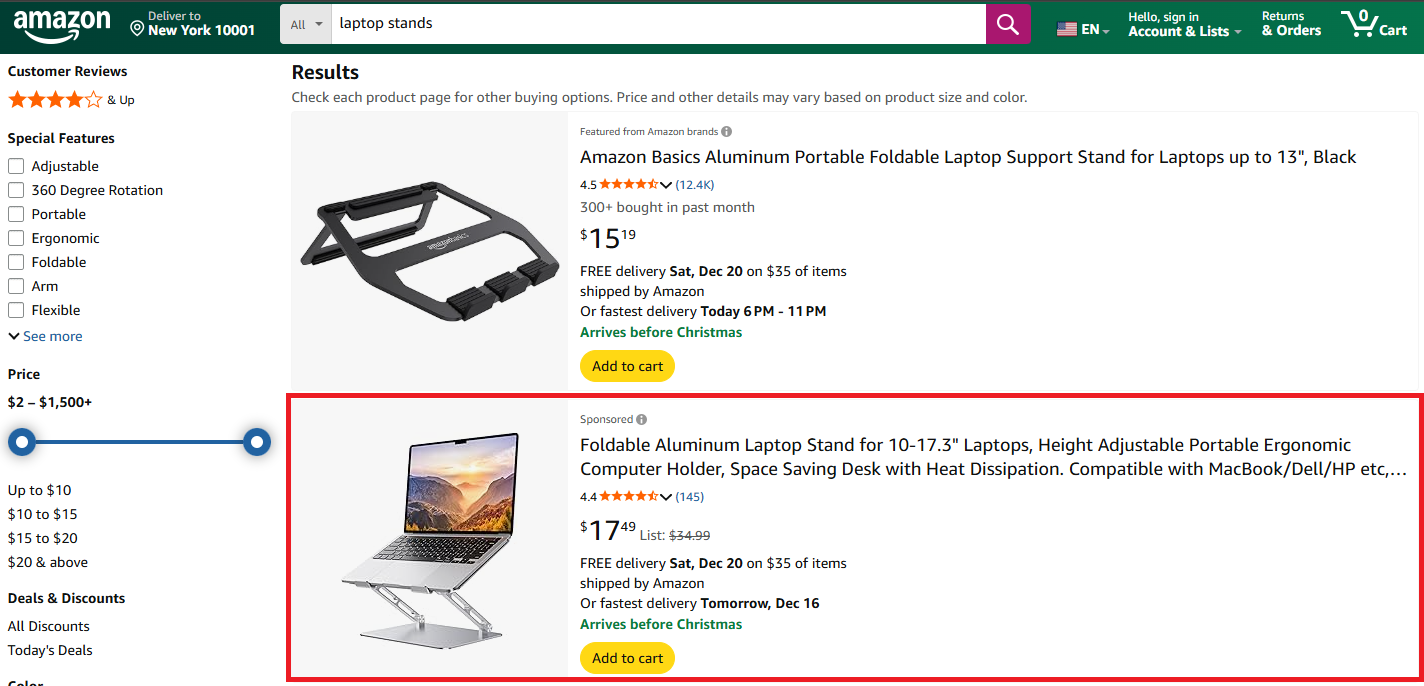 amazon in-search sponsored ad