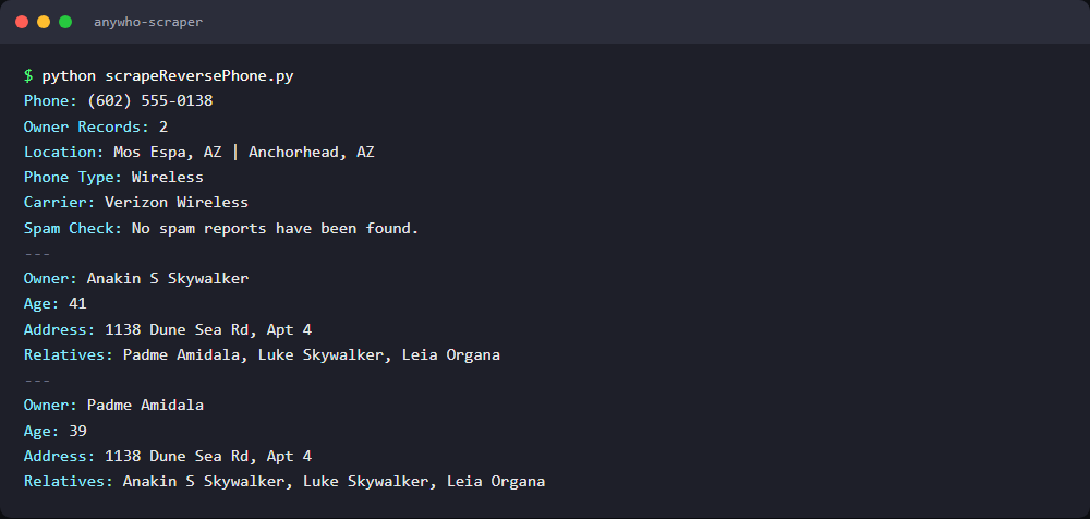 anywho reverse phone lookup terminal output with two fictional owner records, names, ages, addresses and relatives