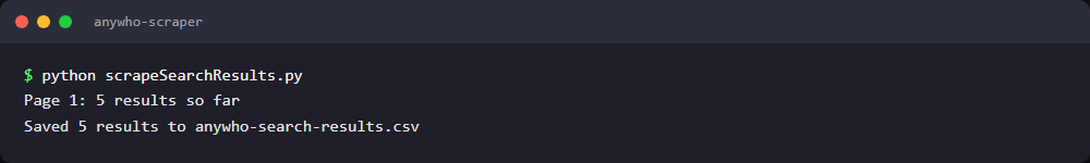 anywho search by name scraper log for a one-page fictional search with 5 results