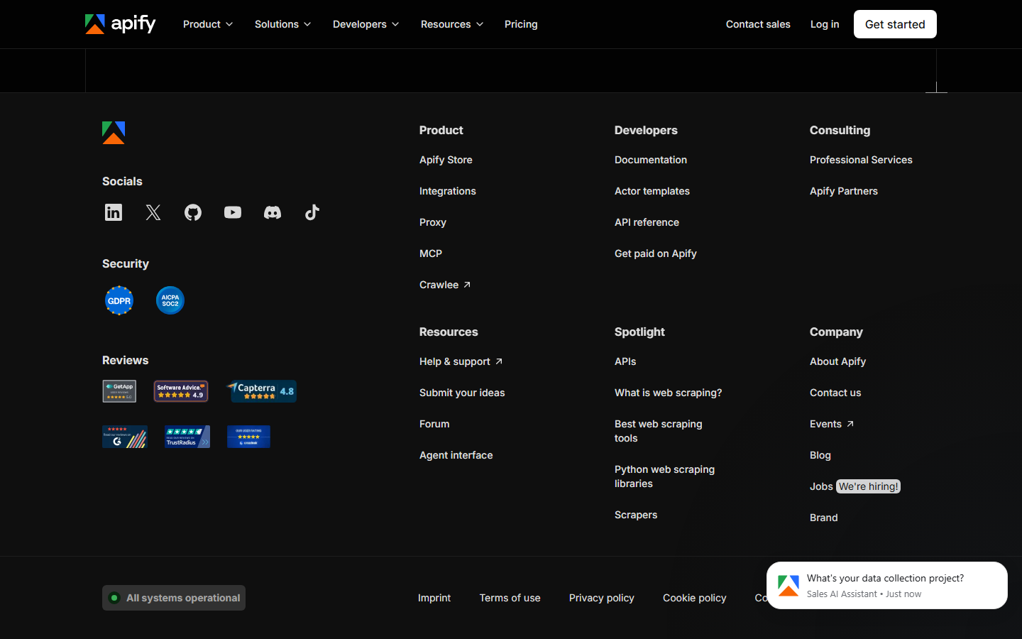 Apify pricing page showing the Free, Starter $29, Scale and Business plans with compute unit rates