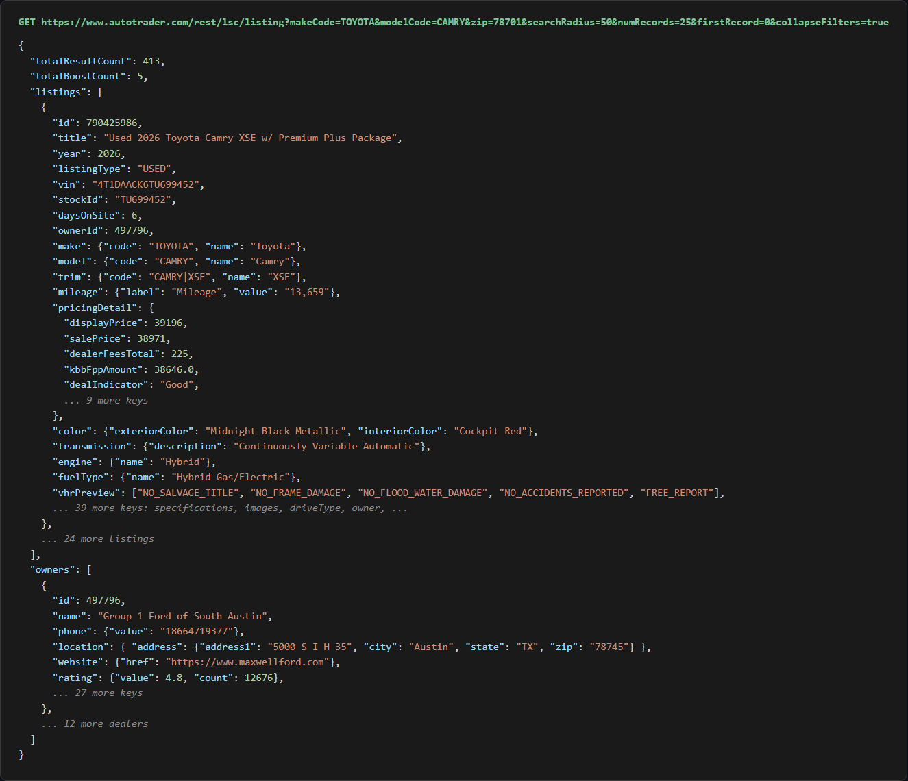 Autotrader /rest/lsc/listing JSON response showing totalResultCount, a listing with pricing and vehicle history flags, and a dealer with phone and address