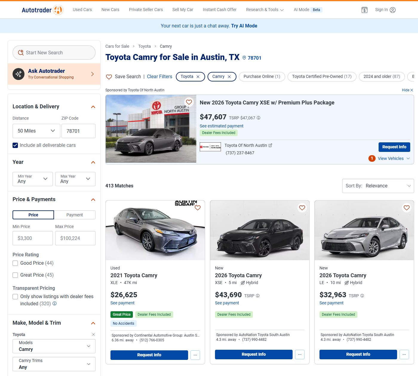 Autotrader search results page for Toyota Camry in Austin, TX with the filter sidebar, match count, and listing cards