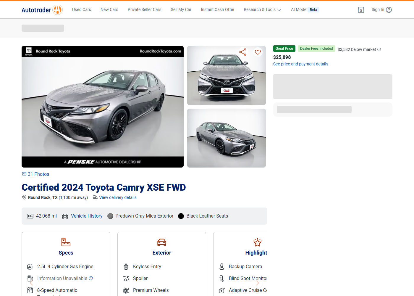 Autotrader vehicle detail page for a certified 2024 Toyota Camry XSE with the Great Price badge, price, mileage, and spec tiles