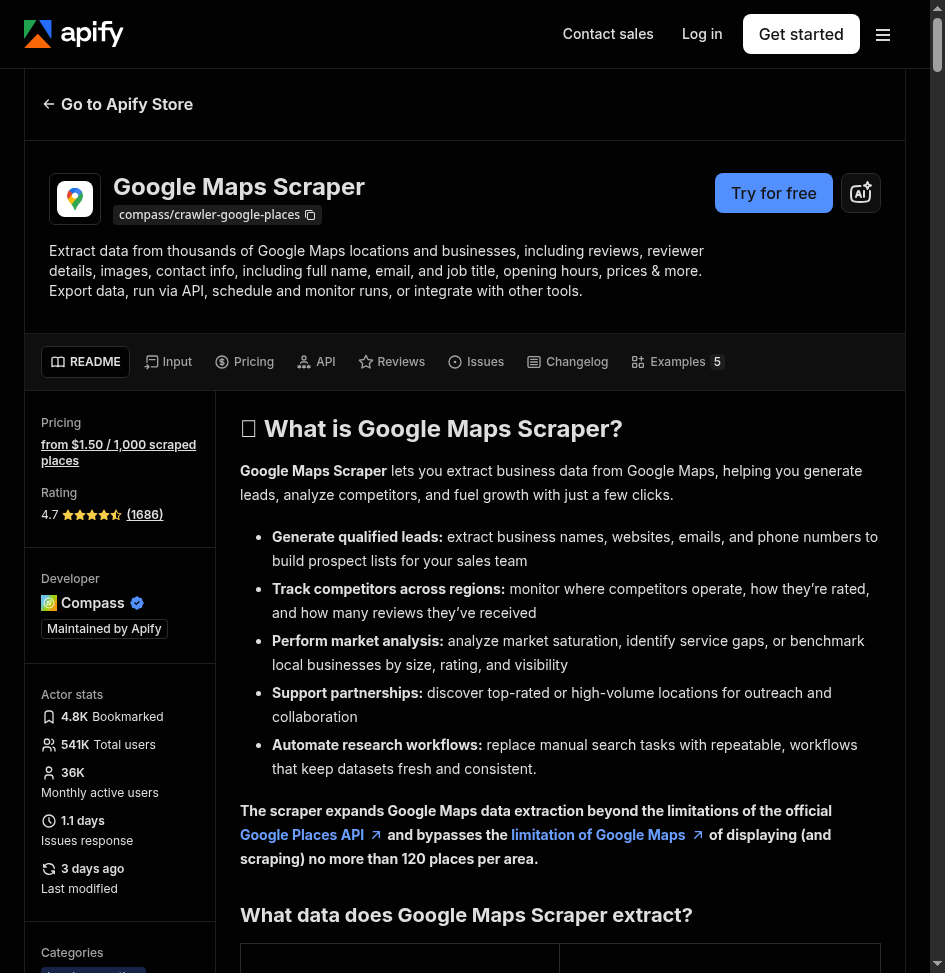 Apify Google Maps Scraper actor page