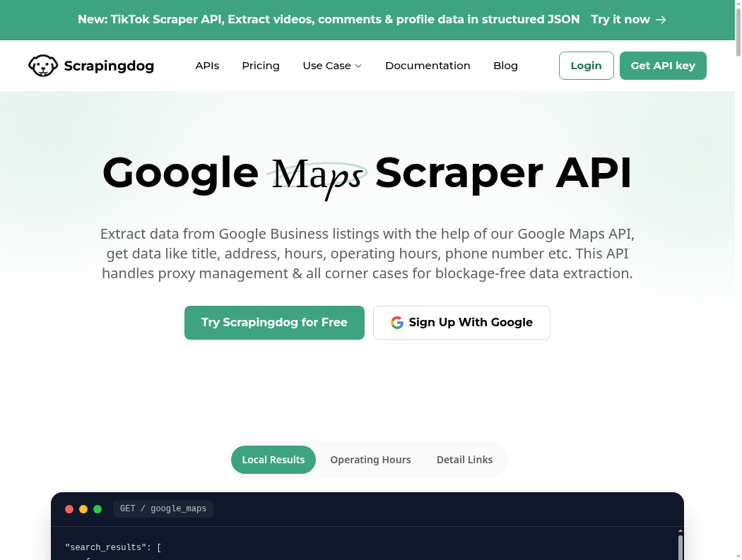 ScrapingDog Google Maps API product page