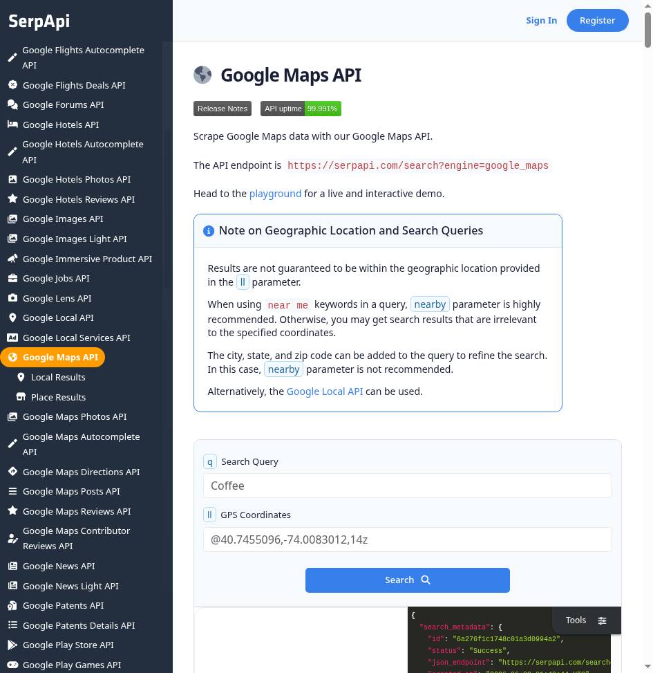 SerpApi Google Maps API documentation