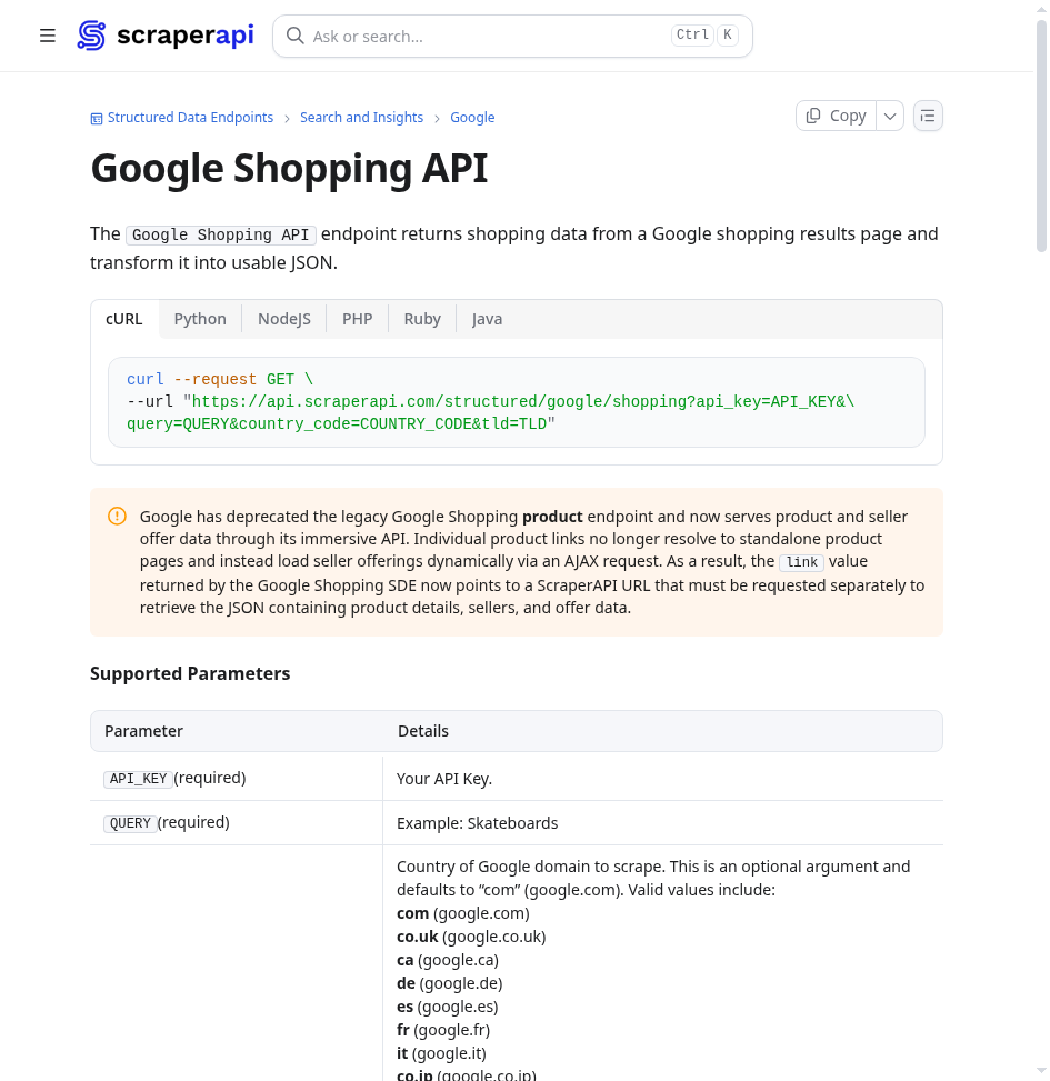ScraperAPI Google Shopping structured endpoint documentation