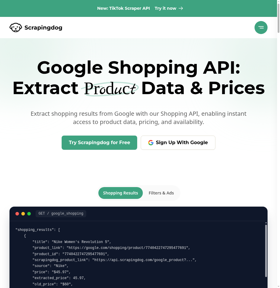 ScrapingDog Google Shopping API product page