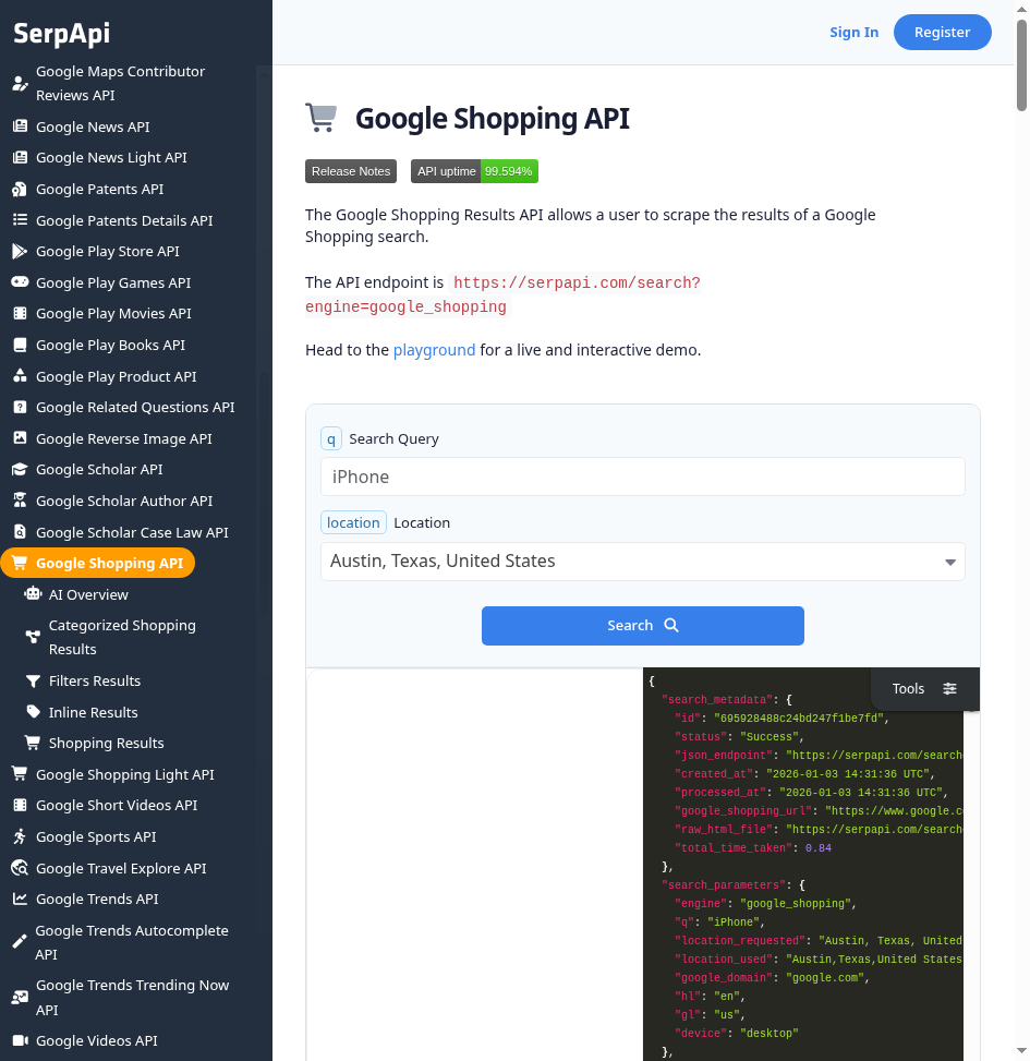 SerpApi Google Shopping API documentation