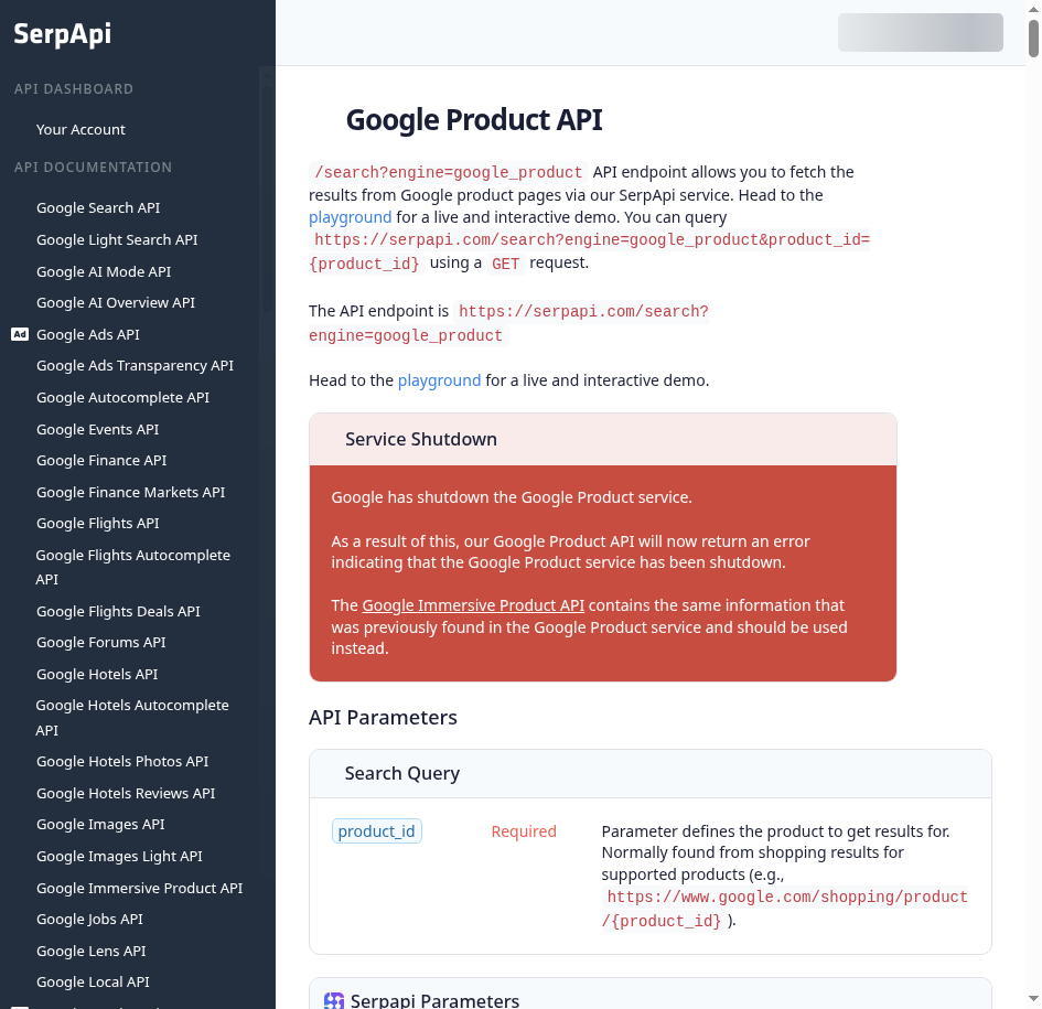 SerpApi documentation showing the Google Product API deprecation notice
