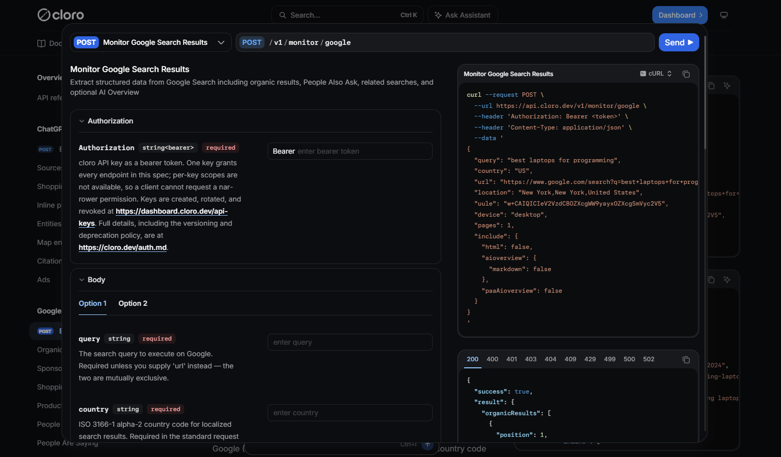 Cloro Monitor Google Search Results endpoint documentation showing the AI Overview and structured response configuration