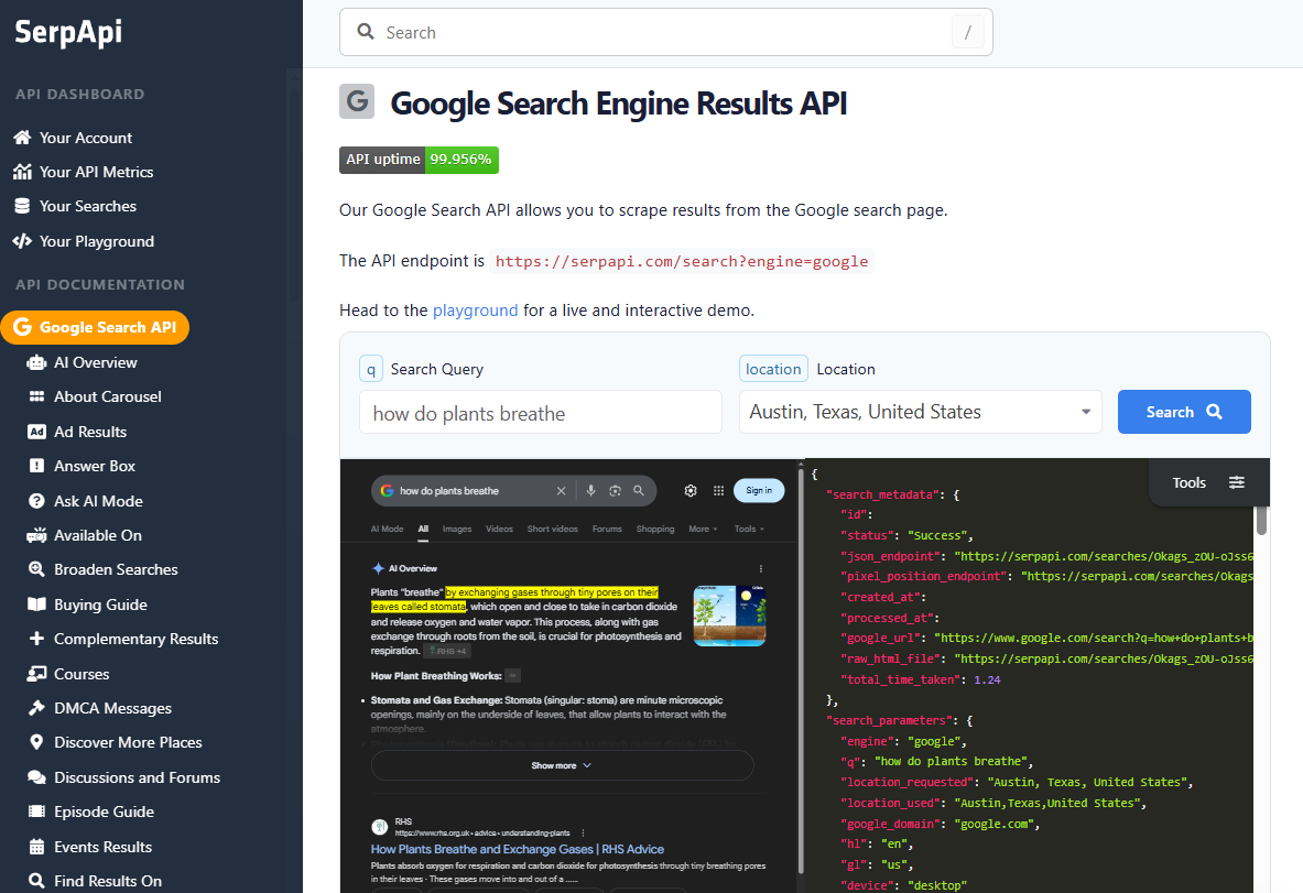 SerpApi API playground showing a structured JSON response for a Google Search query