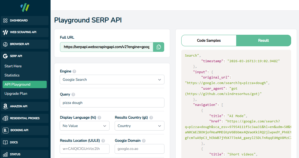 WebScrapingAPI SERP API endpoint documentation showing query parameters and structured response format