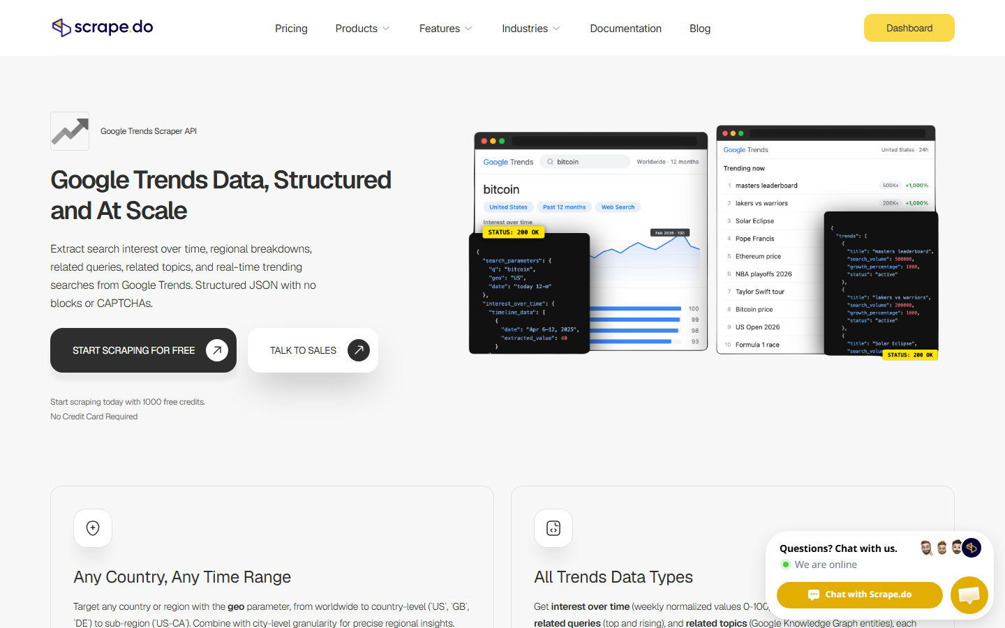 Scrape.do Google Trends API product page with sample interest over time and trending now JSON responses