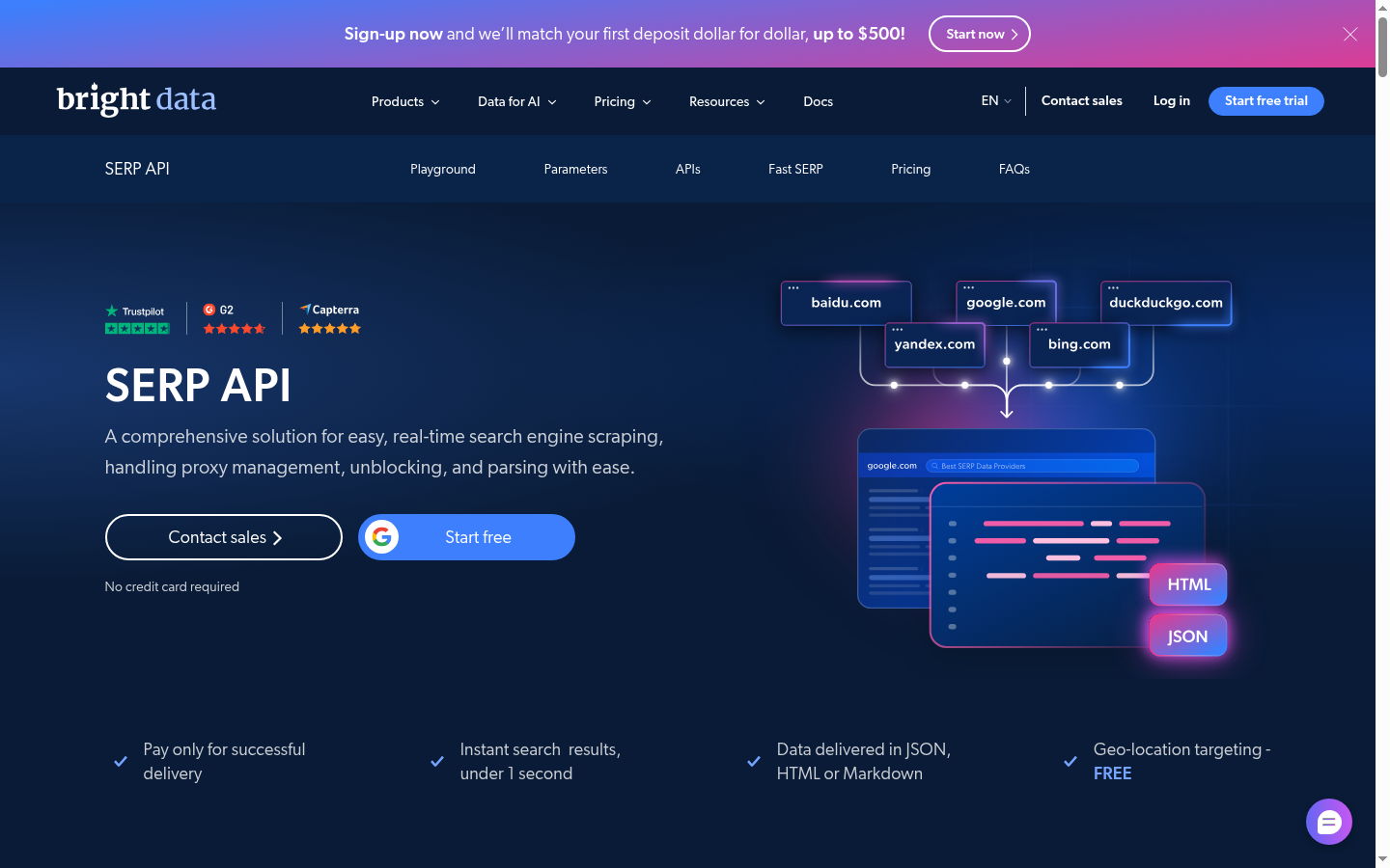 Bright Data SERP API product page listing bing.com among supported search engines