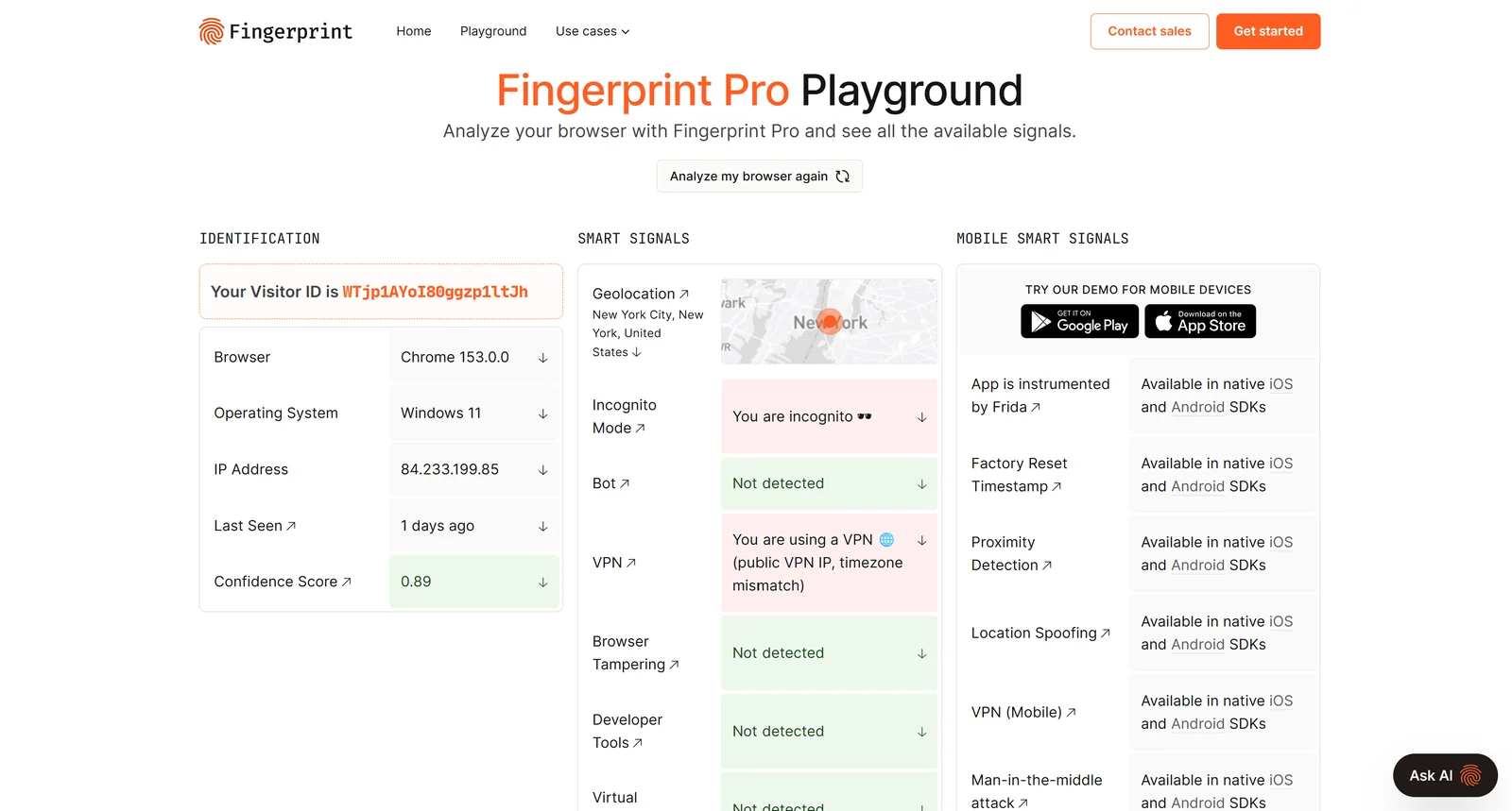 Example of a tool to get browser fingerprinting intelligence