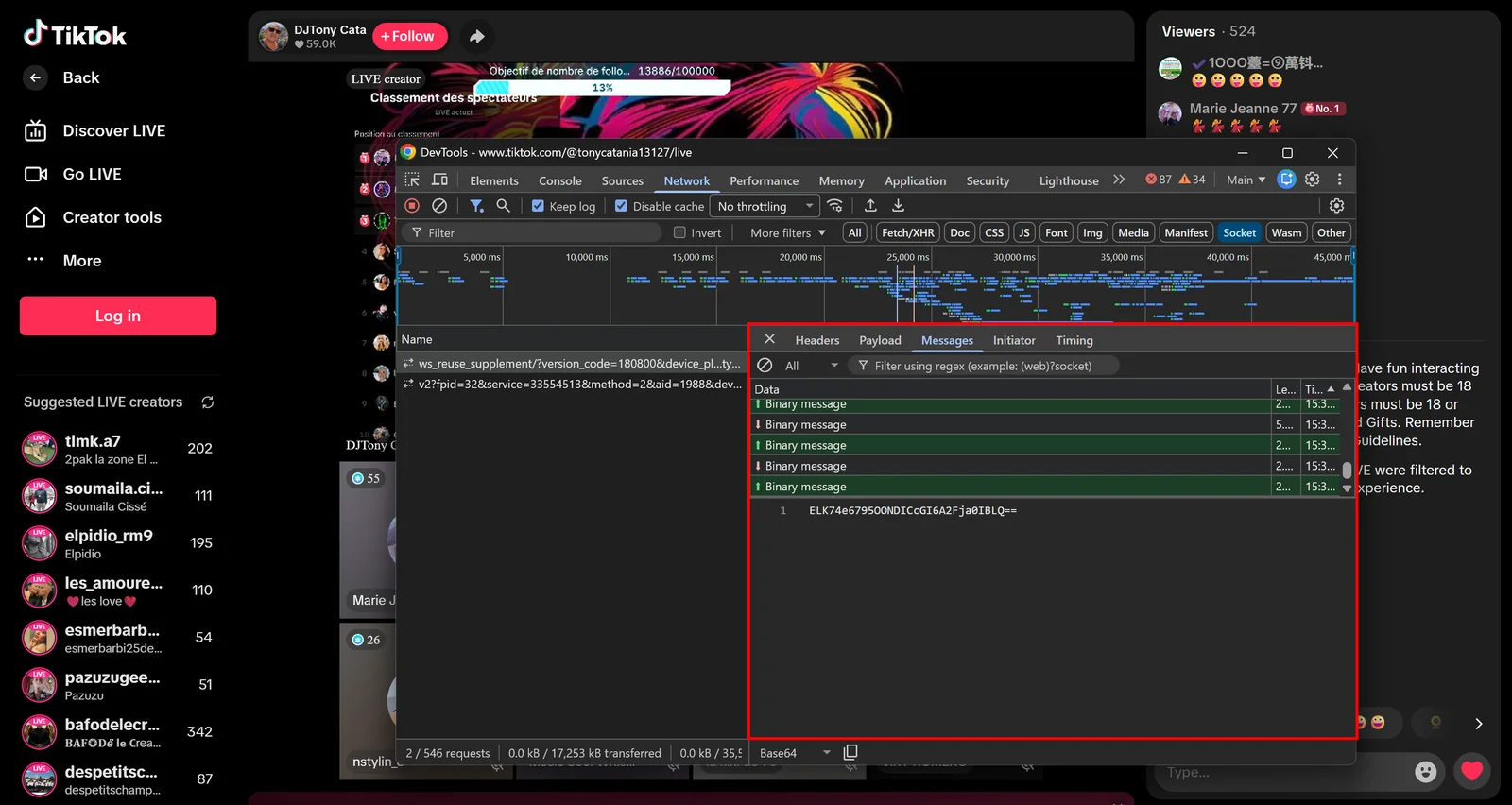 Note how the WebSocket channel sends encrypted binary data