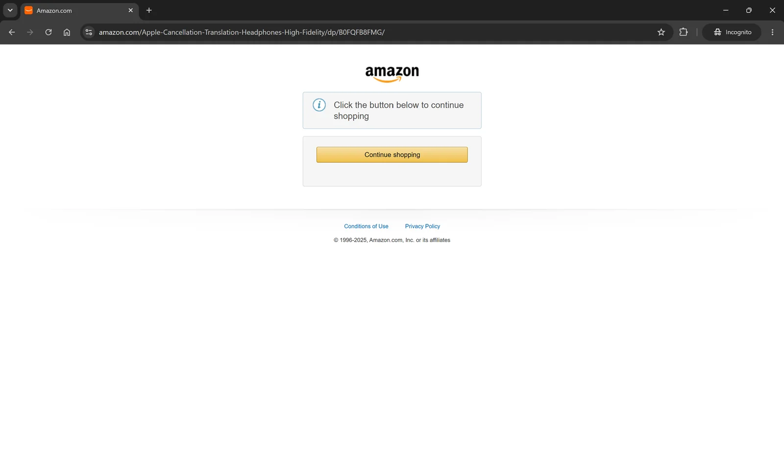 Note the "Continue shopping" Amazon verification challenge received in an incognito session