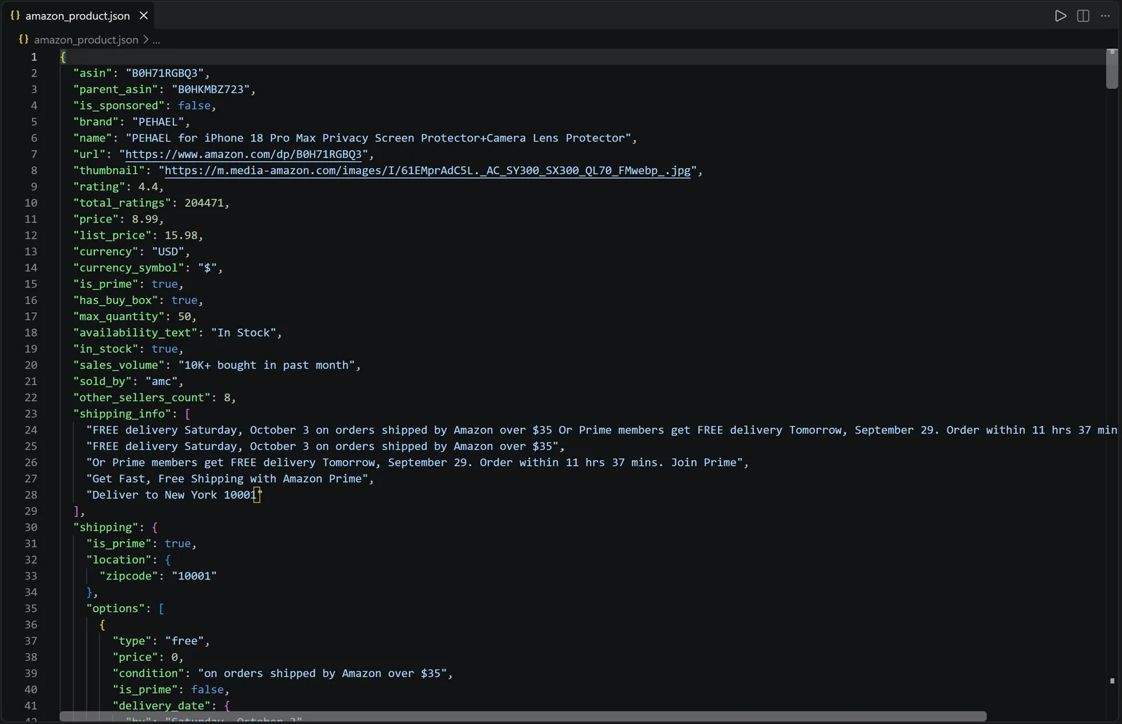 The output "amazon_product.json" file produced by the script