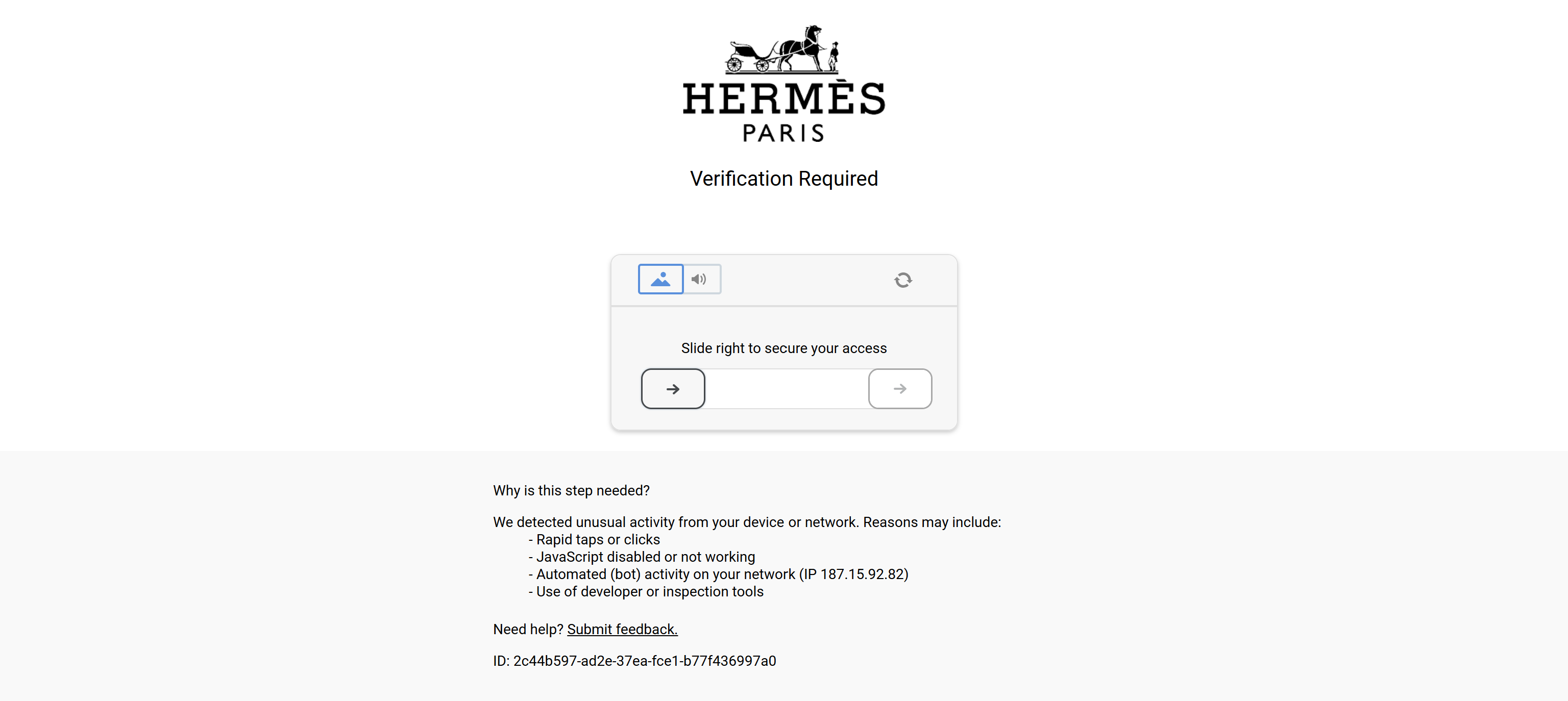 The slider CAPTCHA from on the Hermès website