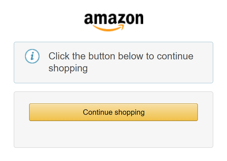 Amazon's CAPTCHA page showing only a Continue shopping button instead of a text CAPTCHA