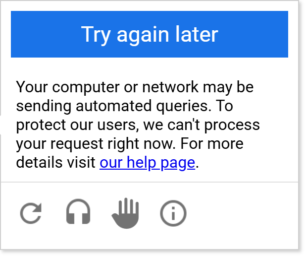 reCAPTCHA Try again later message saying the computer or network may be sending automated queries, shown instead of the audio challenge