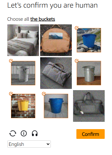 Image recognition CAPTCHA from AWS WAF asking to choose all the buckets in a 3x3 grid, with several tiles selected