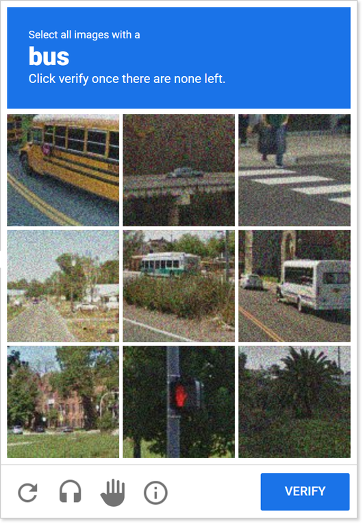 Image recognition CAPTCHA from reCAPTCHA v2 asking to select all images with a bus in a 3x3 grid
