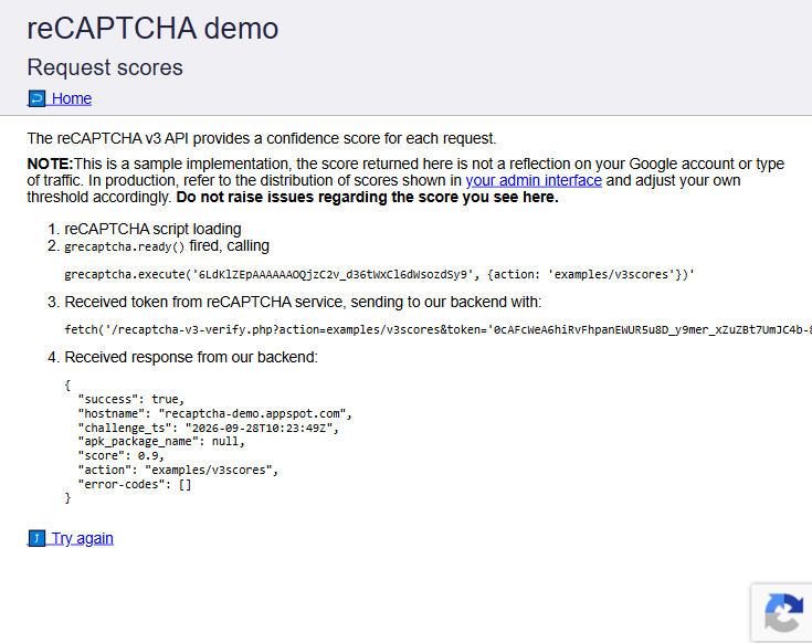 Invisible reCAPTCHA v3 returning a score of 0.9 with no challenge shown, siteverify JSON with success, score and action