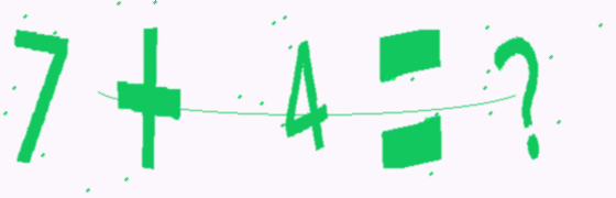 Math CAPTCHA example showing the distorted equation 7 + 4 = ? (generated for illustration)