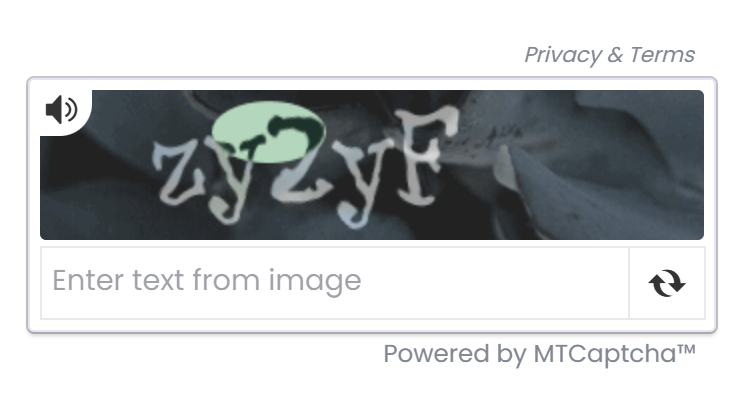 Text CAPTCHA from MTCaptcha showing distorted characters over a dark background with an input box asking to enter text from the image