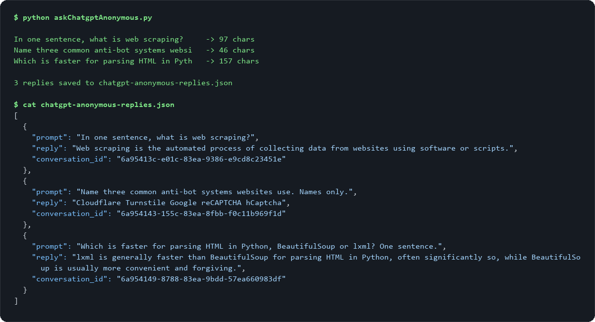 Terminal output of askChatgptAnonymous.py showing three prompts answered and the resulting chatgpt-anonymous-replies.json with prompt, reply, and conversation_id for each