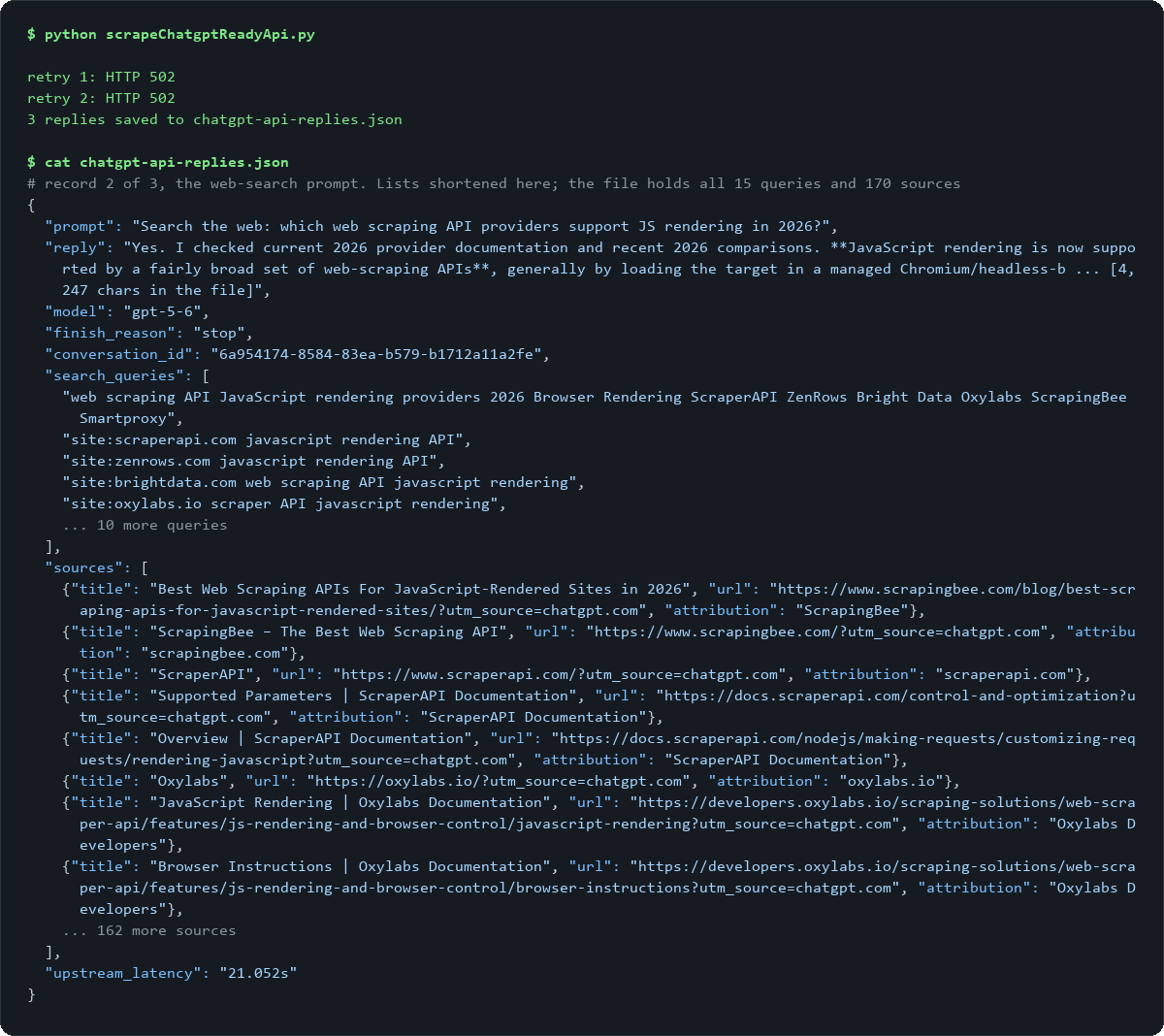 chatgpt-api-replies.json showing the web-search record: a search_queries list of the literal queries ChatGPT issued, and a sources array where every cited URL carries utm_source=chatgpt.com
