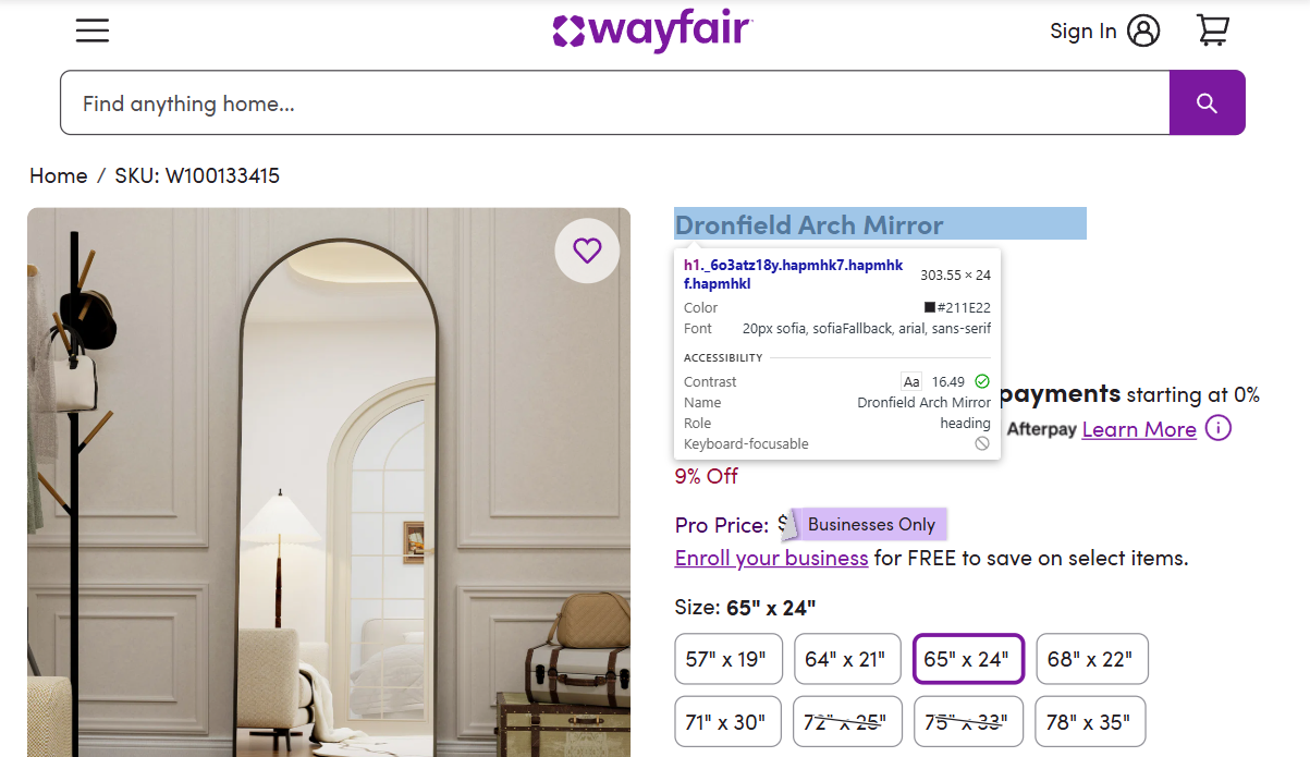 chrome devtools element picker inspecting wayfair product page