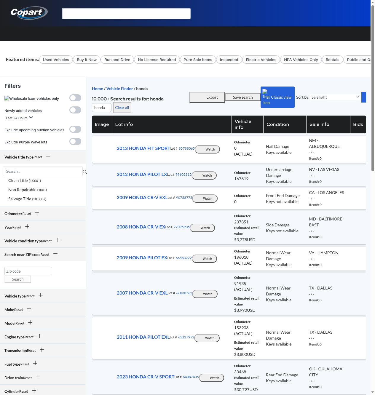Copart search results page for honda with the filter sidebar and a grid of live salvage lots