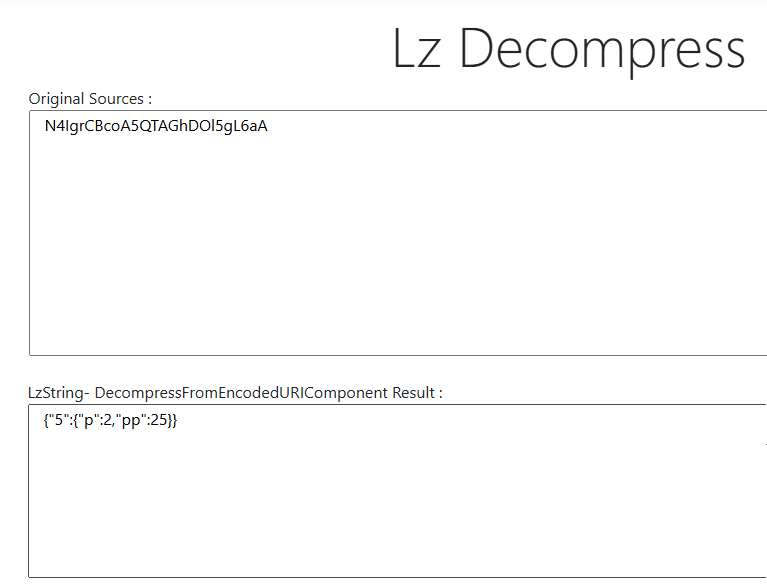 LZ-String online decoder showing the decoded s= cursor payload with p and pp values
