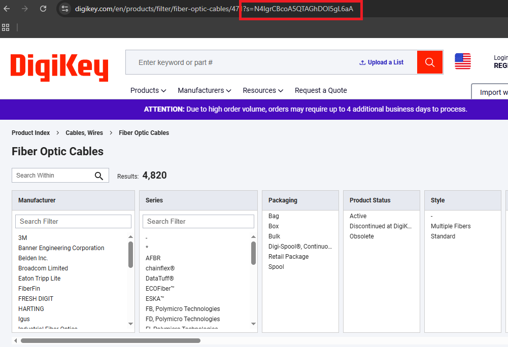 Chrome DevTools Network tab showing DigiKey category request with s= cursor parameter