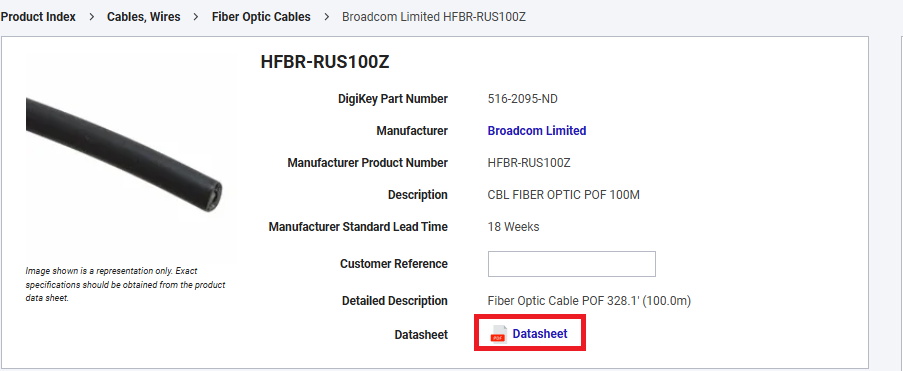 DigiKey product page header showing MPN, in-stock status, and datasheet download link