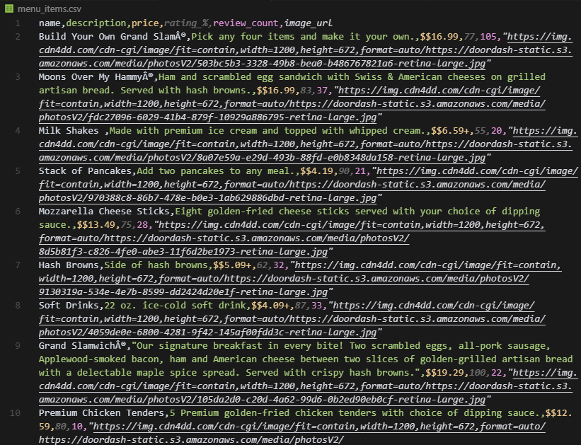 DoorDash restaurant menu extracted to CSV
