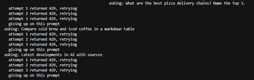 Terminal output showing the retry loop catching HTTP 429 responses