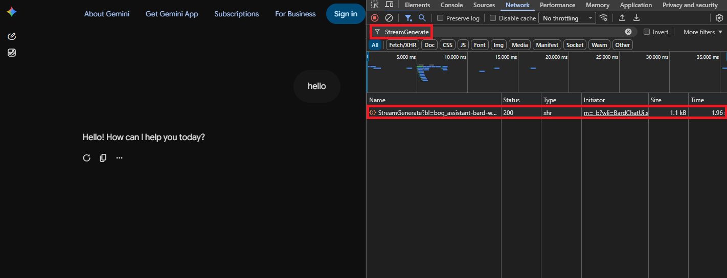 DevTools Network tab showing the StreamGenerate POST request and its f.req payload